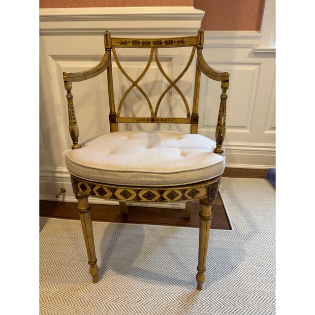 Wood 17th Century Neoclassical Hand Painted Accent Chair With Cane-Style Back Detail For Sale - Image 7 of 14