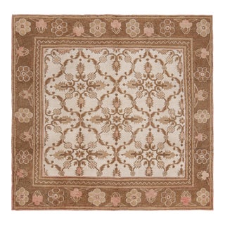 Antique Agra Square Rug in White With Brown and Pink Florals, From Rug & Kilim For Sale