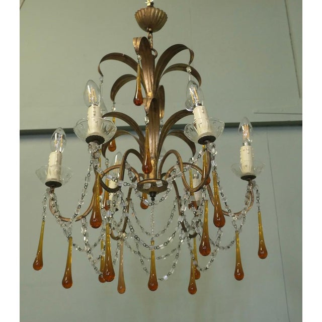 Goldenrod French Gilt Tolewear Chandelier with Amber Crystal Teardrops, 1910 For Sale - Image 8 of 9
