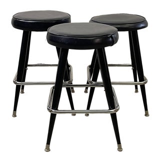 Vintage 1960s Low Vinyl Bar Stools, Set of 3 For Sale