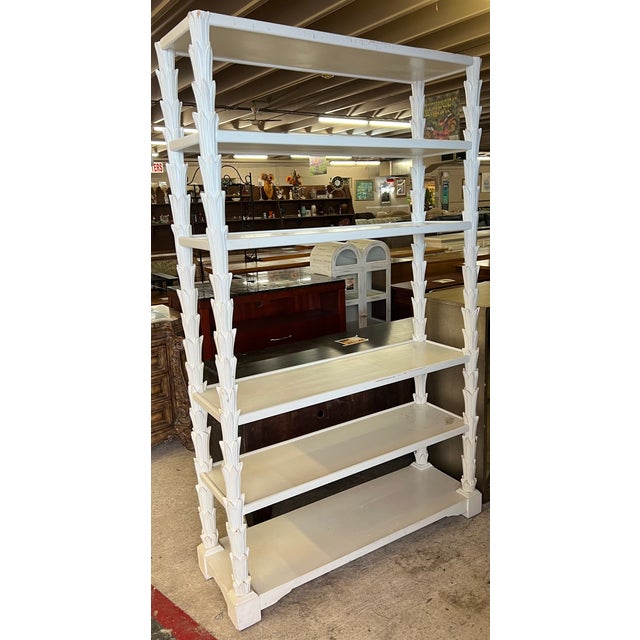 White 1950s Palm Tree Columned Shelving Wooden Display Carved White Etagere Bookcase For Sale - Image 8 of 10