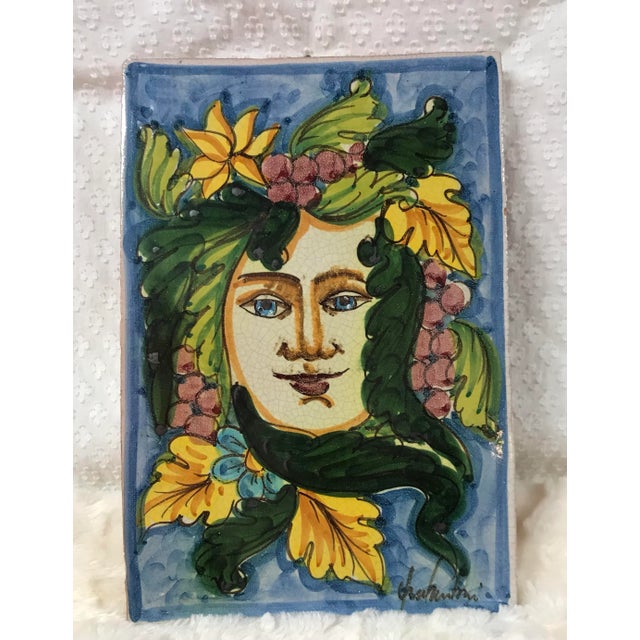 1960s Vintage Signed Italian Painted Tile Hanging With Female Face For Sale - Image 5 of 10
