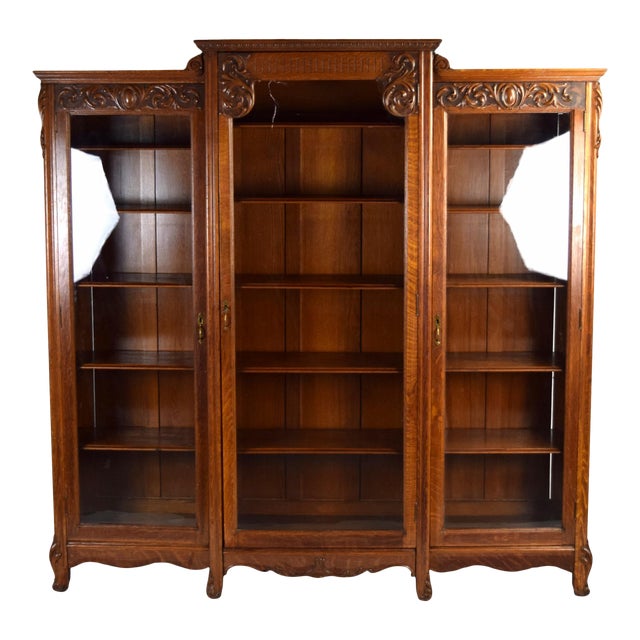 Antique Carved Quarter Sawn Oak Breakfront Bookcase China Chairish