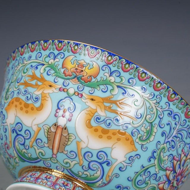 Ceramic Mid 20th Century Enameled 6 Porcelain Bowls With Box – Famille Rose Style Deer & Floral Motif - 7 pcs For Sale - Image 7 of 18