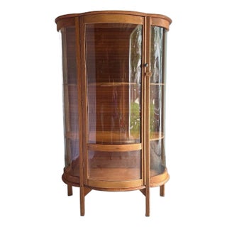 1920s Antique Curved Glass Oak Curio Cabinet For Sale