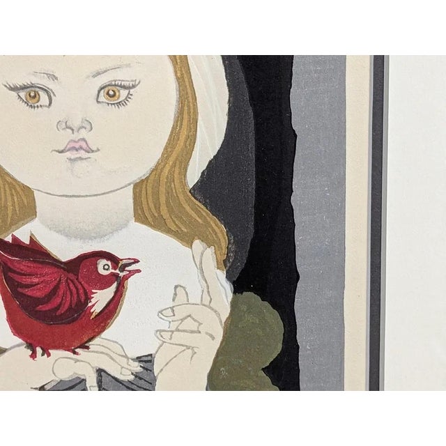 1959 Jun'ichiro Sekino Pencil-Signed Japanese Woodblock Print, "Young Girl With Two Cardinals" - Framed For Sale - Image 4 of 10