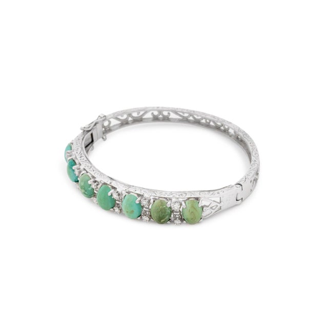 Contemporary 14k White Gold Turquoise Diamond Bangle For Sale - Image 3 of 8