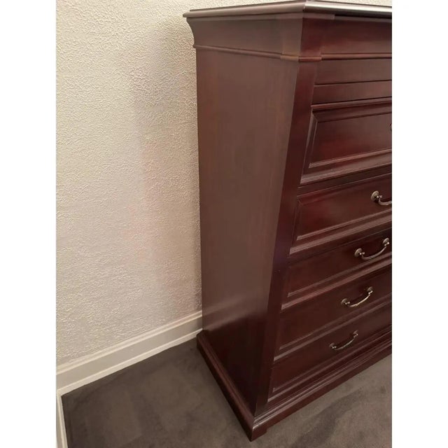 Wood Vintage Ethan Allen Medallion Cherry Wood Tall Chest of Drawers For Sale - Image 7 of 18