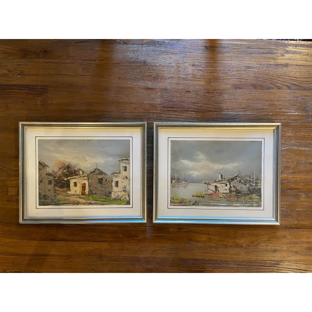 Blue Pair of South American Oil Paintings of Houses Architecture With Silver Frames and Hand-Lined Mat Signed Fortes For Sale - Image 8 of 11