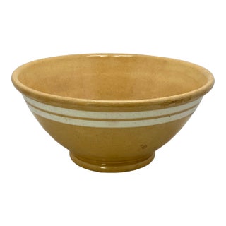 Antique Large Thick & Heavy 15 Inch Size Double Cream Banded Yellow Ware Kitchen Mixing Bowl Circa Mid 1800s For Sale