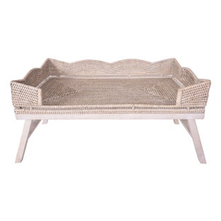 Artifacts Rattan Scallop Design Breakfast Tray with Wooden Legs, White Wash For Sale