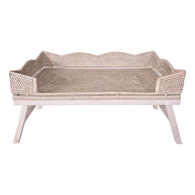 Artifacts Rattan Scallop Design Breakfast Tray with Wooden Legs, White Wash For Sale