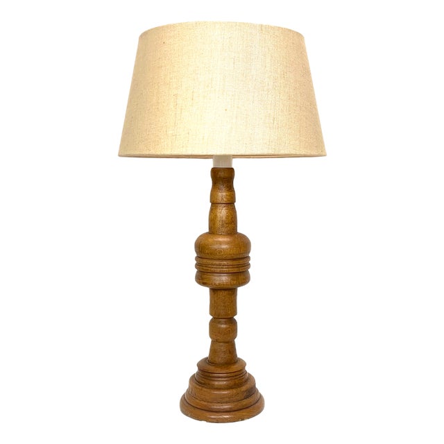 Large Turned Oak Table Lamp, 1960s For Sale