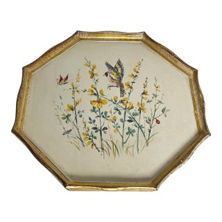 Early 20th Century Italian Florentine Handpainted Tray With Flowers Bird Butterfly For Sale