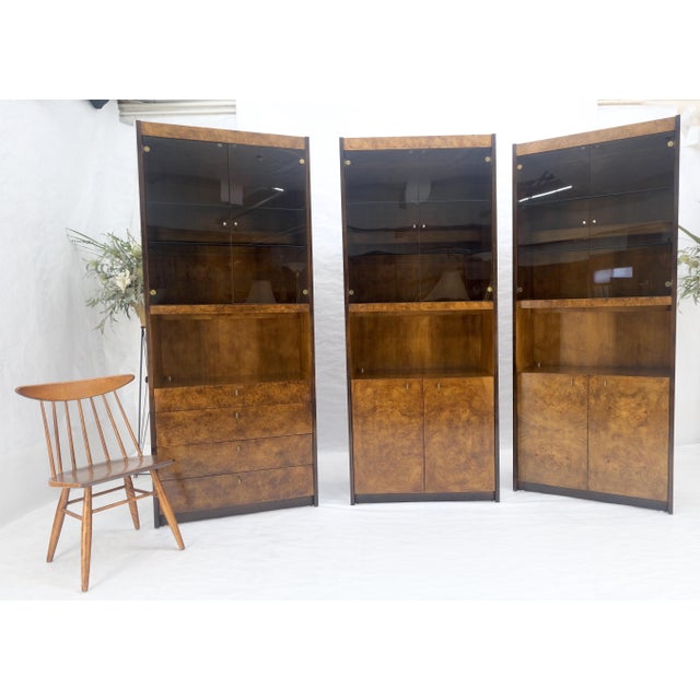 Set of 3 Burl Wood Lighted Cabinets Wall Units Mid Century Modern MINT For Sale - Image 10 of 17
