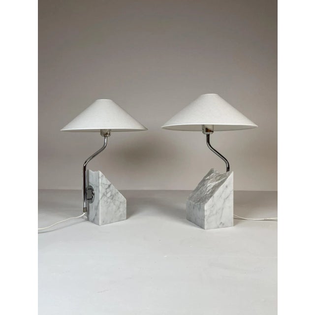 Large and heavy pair of marble stone table lamps with chromed steel arms. Bergboms design with all new cotton shades, made...