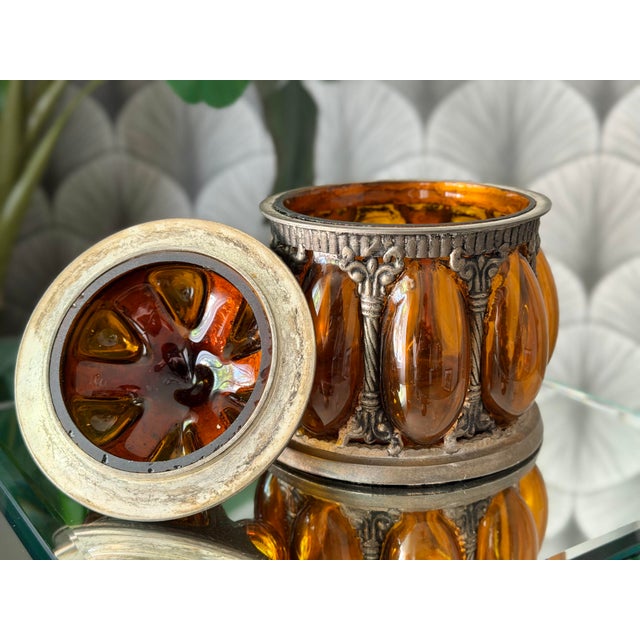 Vintage Baroque Brass Caged Amber Blown Bubble Glass & Dome Lidded Apothecary Jar For Sale - Image 9 of 11