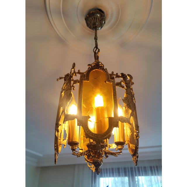 1960s Art Nouveau Brass Venus Pendant Light With Amber Glass For Sale - Image 13 of 14