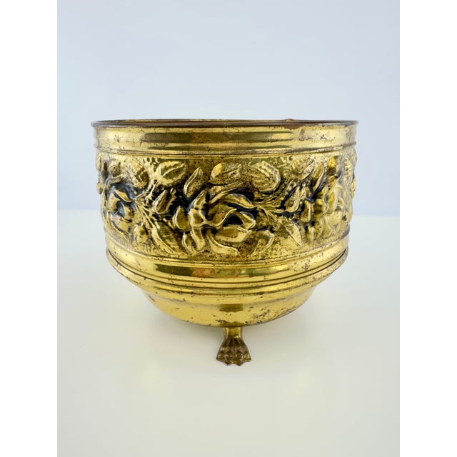 Vintage English Embossed Brass Footed Planter Cachepot For Sale In Little Rock - Image 6 of 10