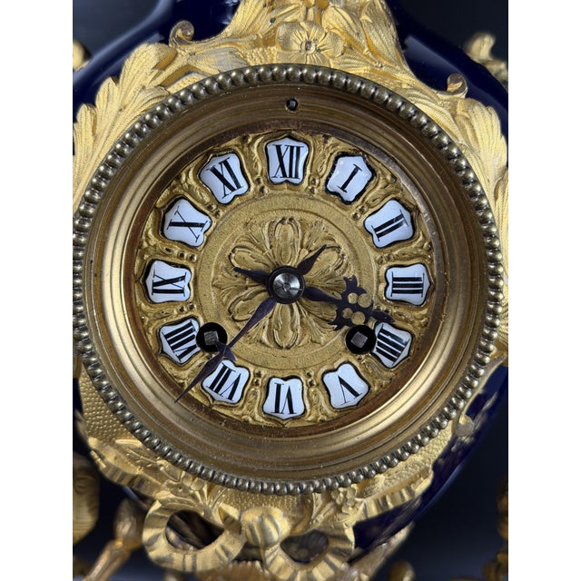 Antique Napoleon III Mantel Clock in Bleu De Sèvres Porcelain and Chased Ormolu, 1865 For Sale - Image 4 of 17
