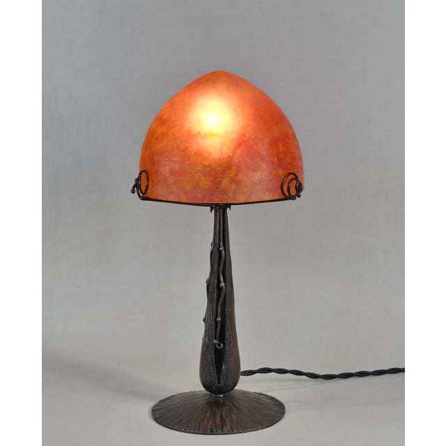 Pierre Maynadier & Daum A wonderful 1925-30 French art deco lamp in wrought iron of excellent quality made by Pierre...