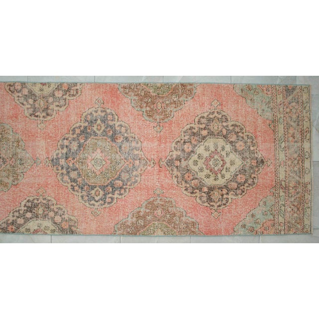 3x12 Vintage Oushak Runner Rug, Faded Salmon Pink and Sage Green Hallway Runner, 1970s Handmade Anatolian Corridor Rug, Kitchen Runner For Sale - Image 10 of 13