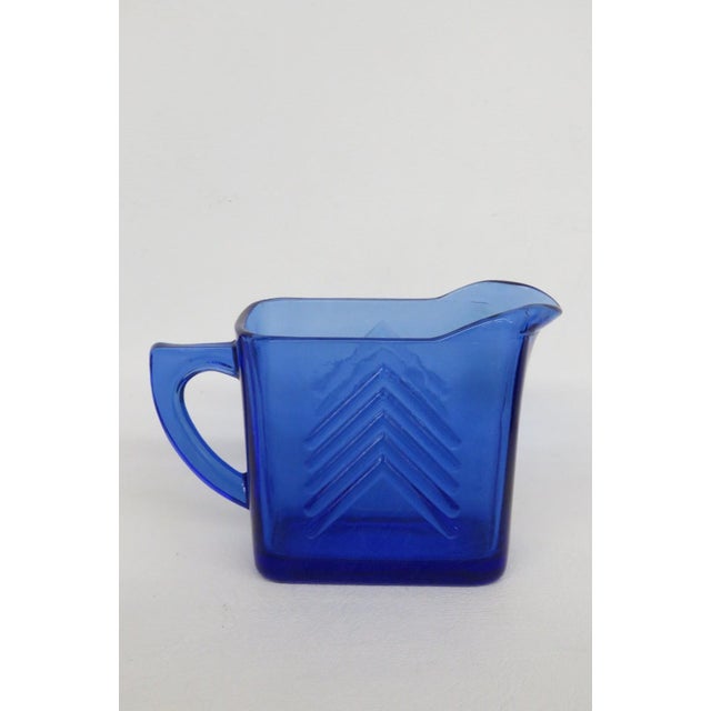 Mid-Century Modern Mid 20th Century Hazel Atlas Cobalt Blue Glass Sugar Bowl and Creamer Set Chevron Pattern For Sale - Image 3 of 14