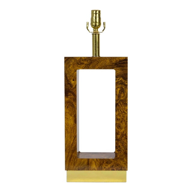 1970s Geometric Faux Bois Burl Wood Table Lamp For Sale