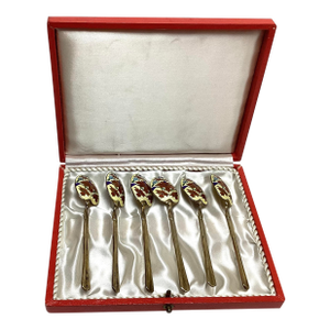 1930s Set of 6 Enamel and Sterling Silver English Demitasse Spoons in Fitted Box
