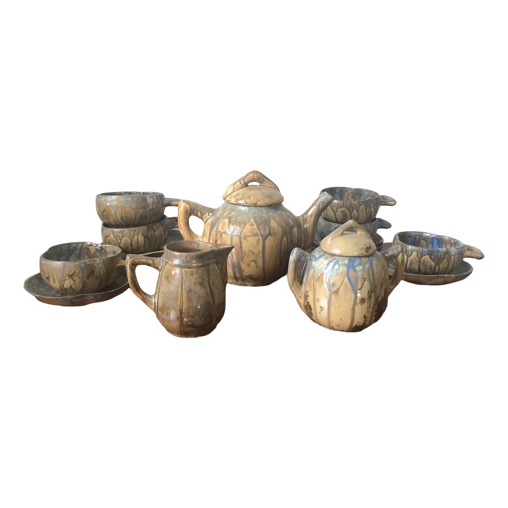 Art Nouveau Blue Running Glaze Tea Service, Set of 9 | Chairish