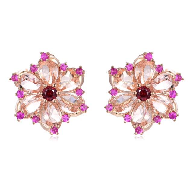 Nina Zhou Carnation Flower Morganite, Pink Sapphire & Rhodolite Garnet Earrings in 14k Rose Gold- Set of 2 For Sale