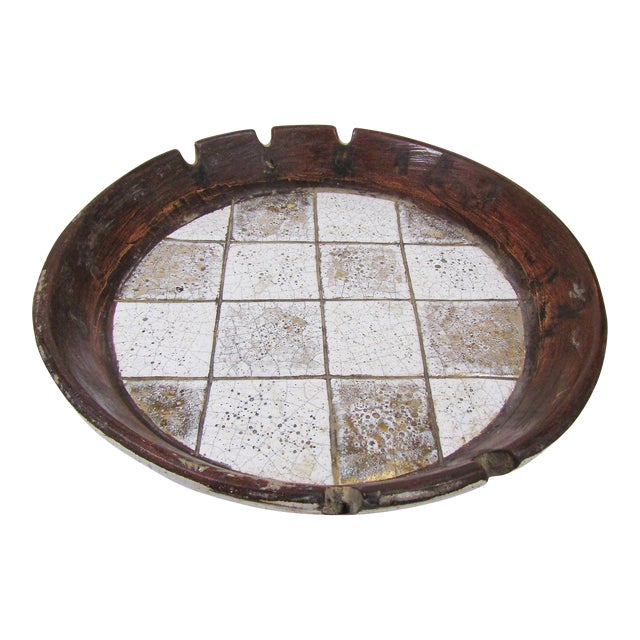 Vintage Large Art Pottery Ashtray Mosaic Tile Sparkling Gold Design For Sale