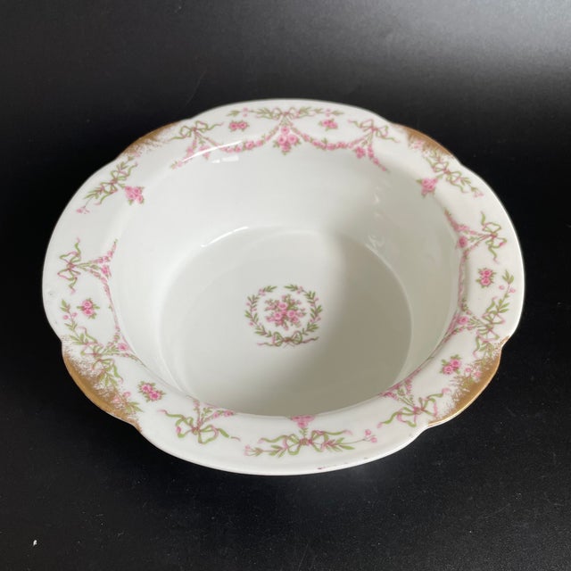 Art Deco Antique Limoges Rose Swag Souffle Dish With Gold Accents by Charles Ahrenfeldt For Sale - Image 3 of 10