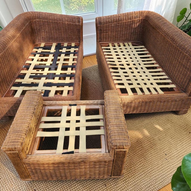 Wood Vintage 1980s Postmodern Heavy Rattan Demi-Lune Lounge Set With Original Pastel Brushstroke Cushions - 3 Pieces For Sale - Image 7 of 10