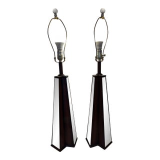 1970s Hollywood Regency Pyramidal Design Mirrored Glass Paneled Table Lamps-a Pair For Sale