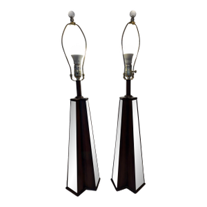 1970s Hollywood Regency Pyramidal Design Mirrored Glass Paneled Table Lamps-a Pair