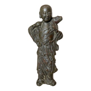 Rare Antique 18th Century Chinese Cast Bronze Figural Boy Fish Statue Sculpture For Sale