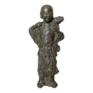 Rare Antique 18th Century Chinese Cast Bronze Figural Boy Fish Statue Sculpture