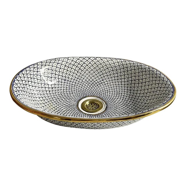 Farmhouse Minimalist Oval Sink With 14k Gold Rim Bathroom Sink, Oval Handmade Ceramic For Sale