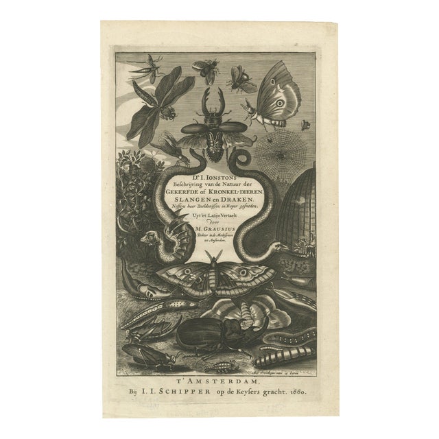 Jan Jonston, Natural History Title Page, Insects & Serpents, Amsterdam. 1660, Paper For Sale
