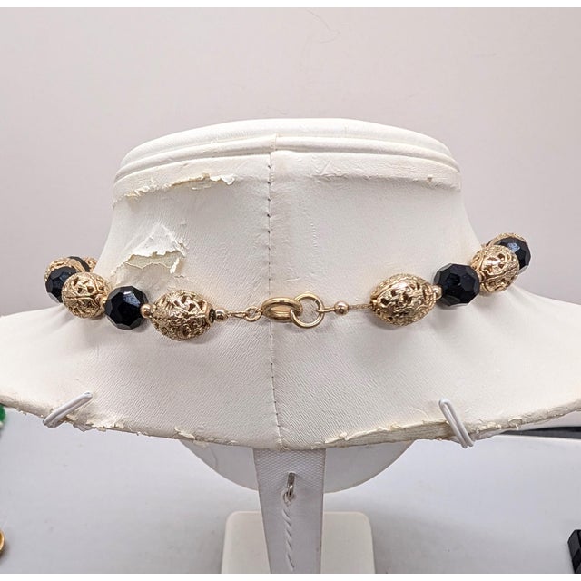 1960s Vintage 1960s Signed Napier Goldtone & Black Beaded Necklace For Sale - Image 5 of 9