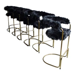 Anton Lorenz Faux Fur Brass Cantilever Bar Stools - Set of 6 For Sale