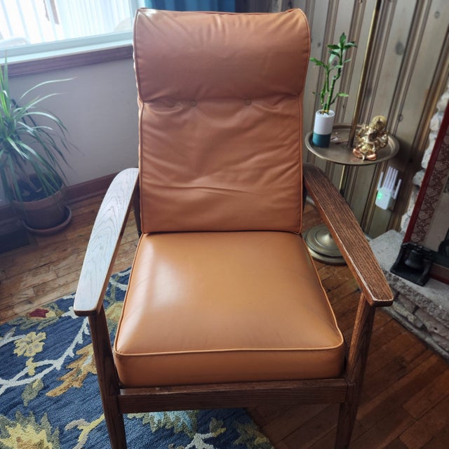 1960s MCM Tangerine Naugahyde & Walnut Wood Chair & Ottoman - Footstool, Orange Soft Upholstery & Walnut Finish - Tiny Flaws For Sale - Image 9 of 18