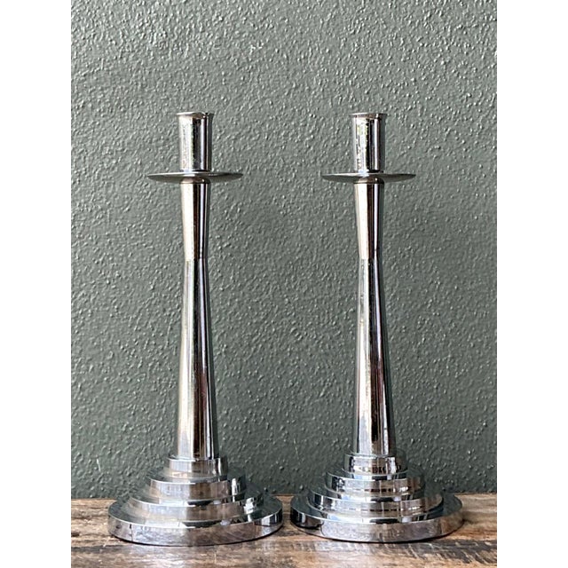 Vintage Stepped Base Chrome Candlesticks For Sale In West Palm - Image 6 of 12