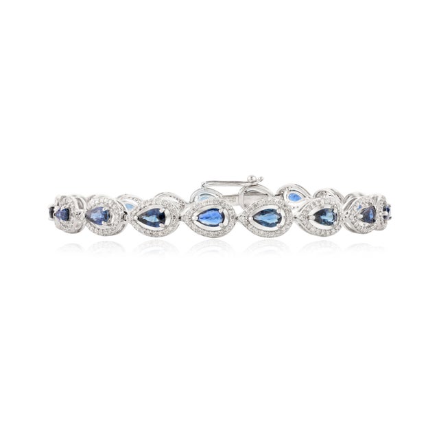 Not Yet Made - Made To Order Pear Cut Blue Sapphire & Halo Diamond Tennis Bracelet For Sale - Image 5 of 11