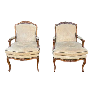 Mid 20th Century Mid- Century Tan Suede Leather French Bergere Chairs - Set of 2