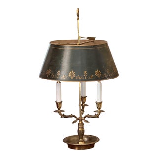 Late 20th Century French Tole Bouillotte Lamp With Green Shade and Dolphin Arms For Sale