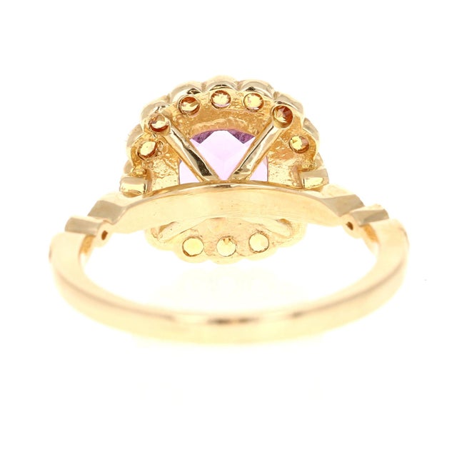 1.99 Carat Cushion Cut Amethyst Diamond Sapphire Yellow Gold Ring Size 7 For Sale - Image 4 of 5