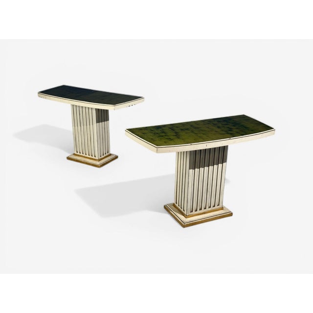 Pair Maison Jansen Painted and Eglomise Emerald Green Glass Top Console Tables For Sale - Image 10 of 14
