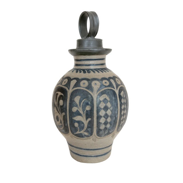 Rustic European Antique German Westerwald Salt-Glazed Jug W/ Pewter Lid — Hp R-7597 For Sale - Image 3 of 11